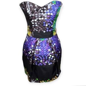 RUBBER DUCKY PURPLE, BLACK & YELLOW STRAPLESS DRESS W/POCKETS  SZ.S EUC.